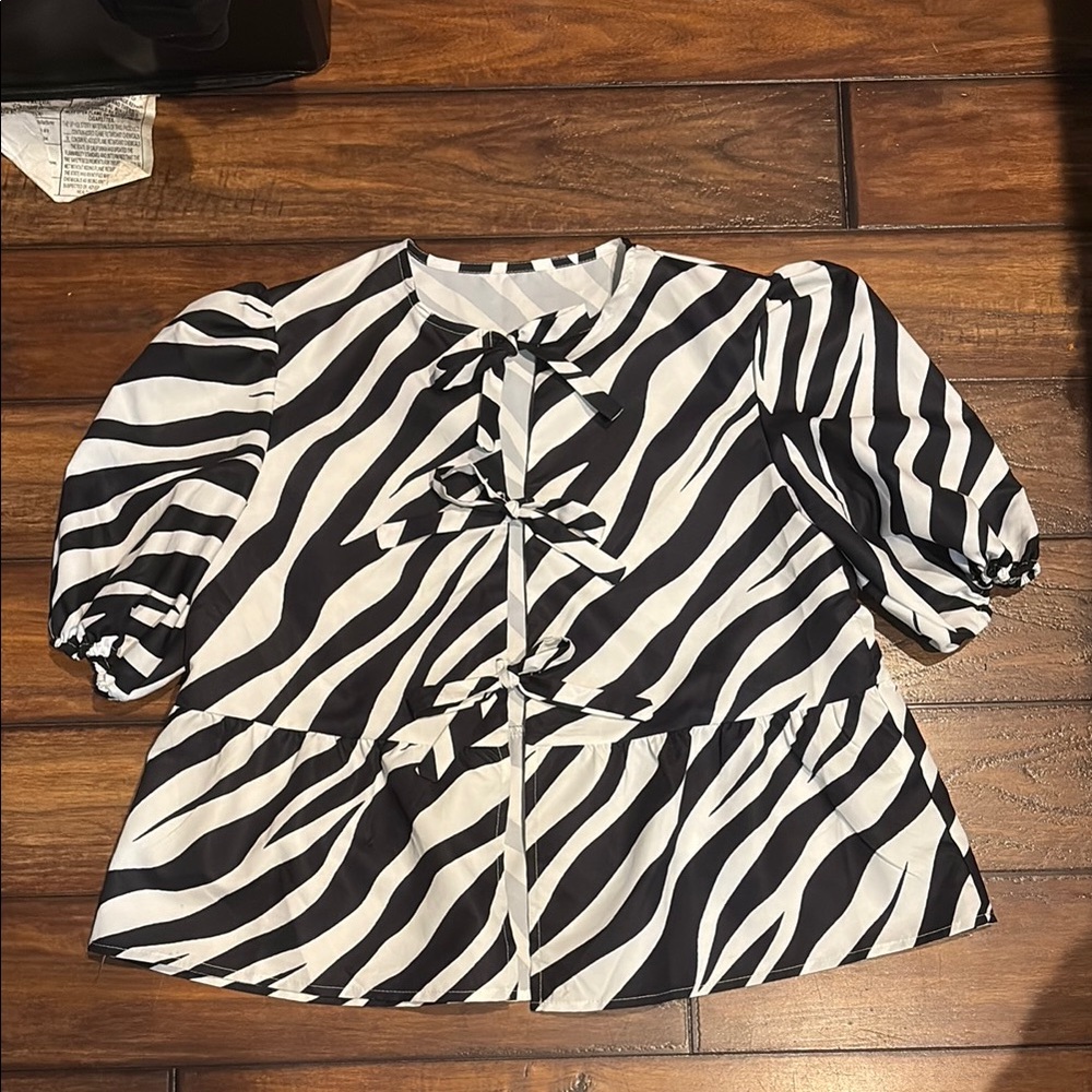 Zebra Print Puff Sleeve + Tie front Blouse